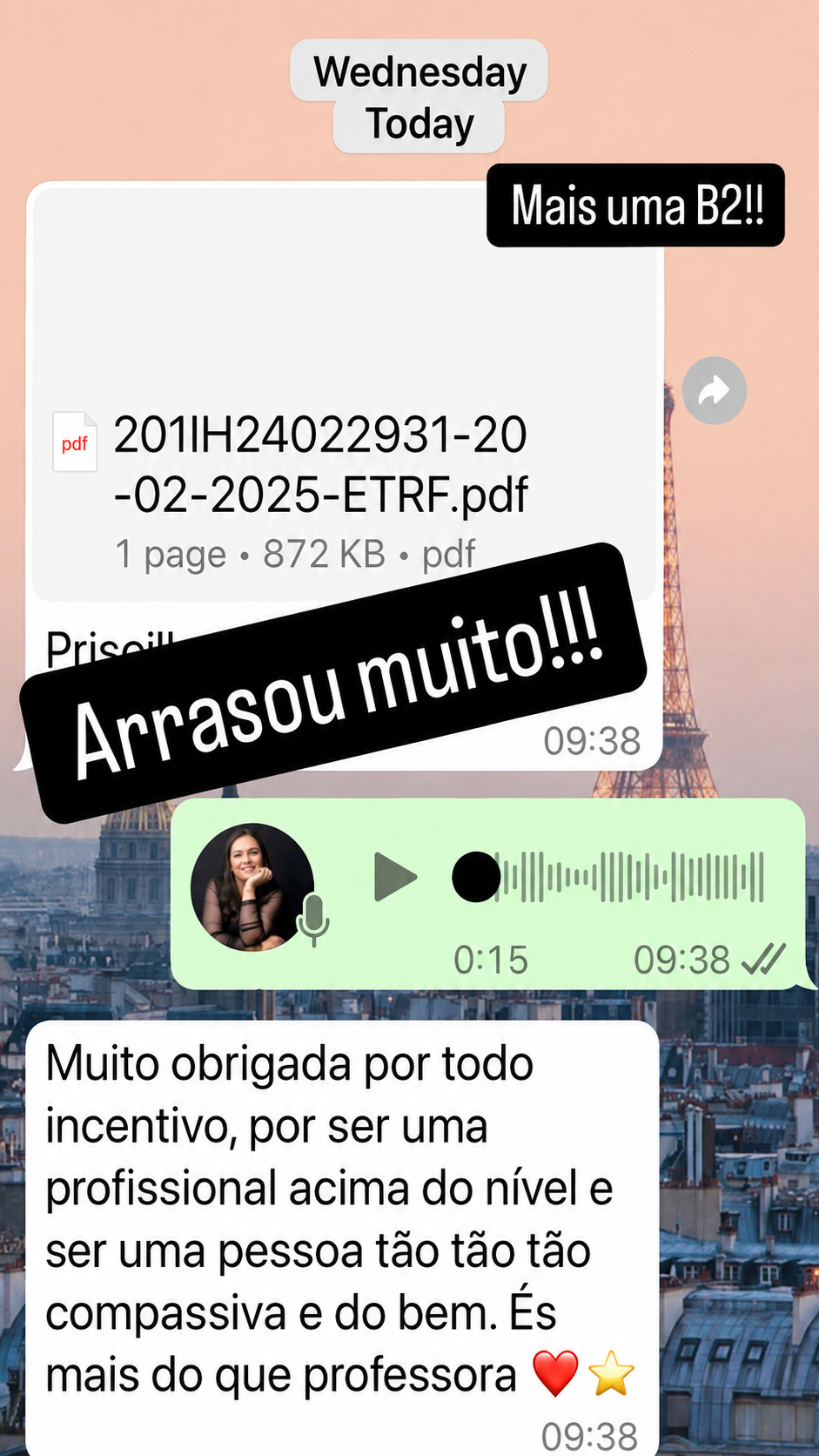 Print de mensagem de aluna com feedback espontâneo sobre as aulas