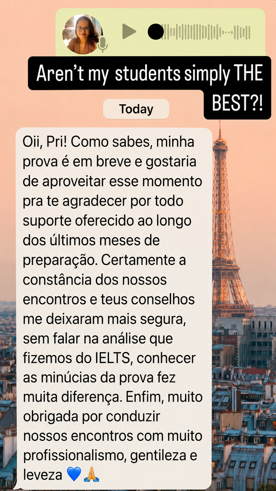 Print de depoimento textual de aluna sobre o processo de preparação para o IELTS